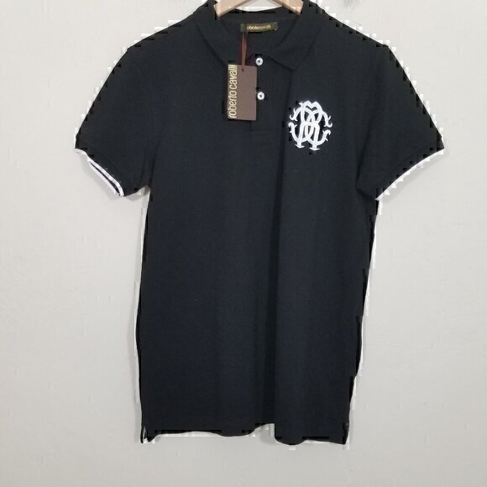 NWT Roberto Cavalli Man Woven Polo Shirt 100% Cotton Black Size L